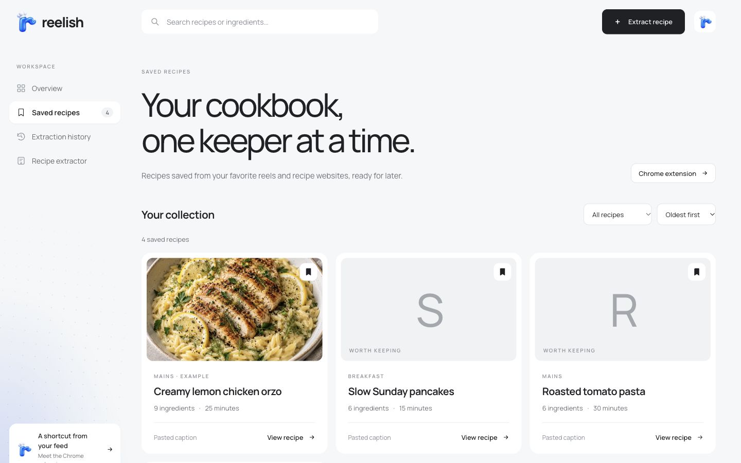 Saved recipes dashboard showing creamy lemon chicken orzo, Slow Sunday pancakes, and roasted tomato pasta, with category and sorting controls.