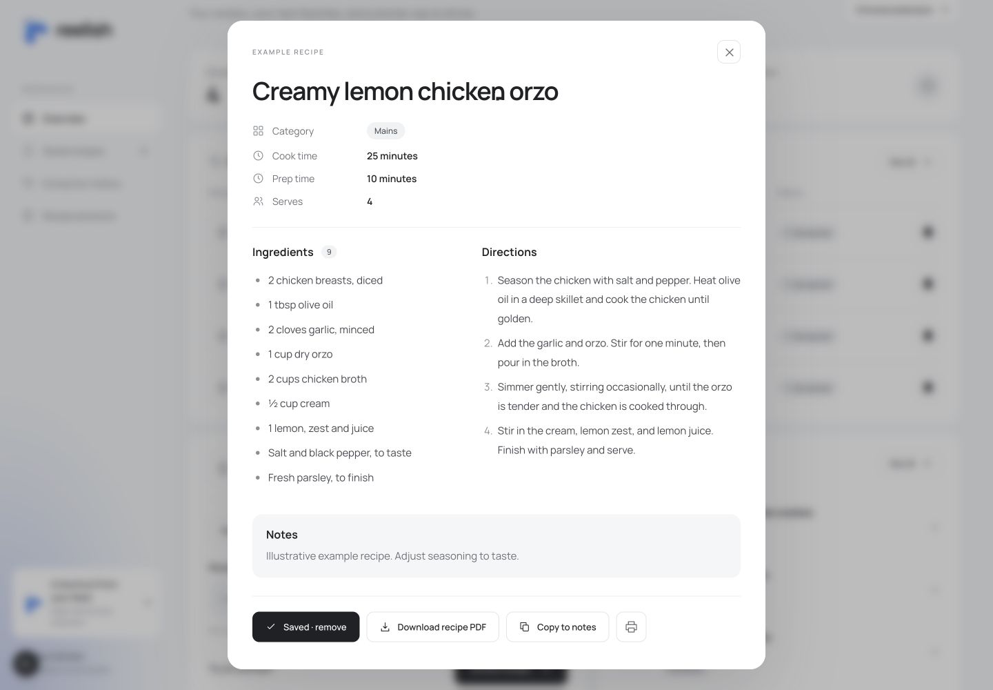Creamy lemon chicken orzo recipe opened in the dashboard, with ingredients, directions, prep and cook times, servings, and PDF and notes buttons.